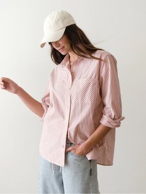 Marine Layer Jane Relaxed Cali Poplin Shirt Extra Small / Rust Stripe XS NWT